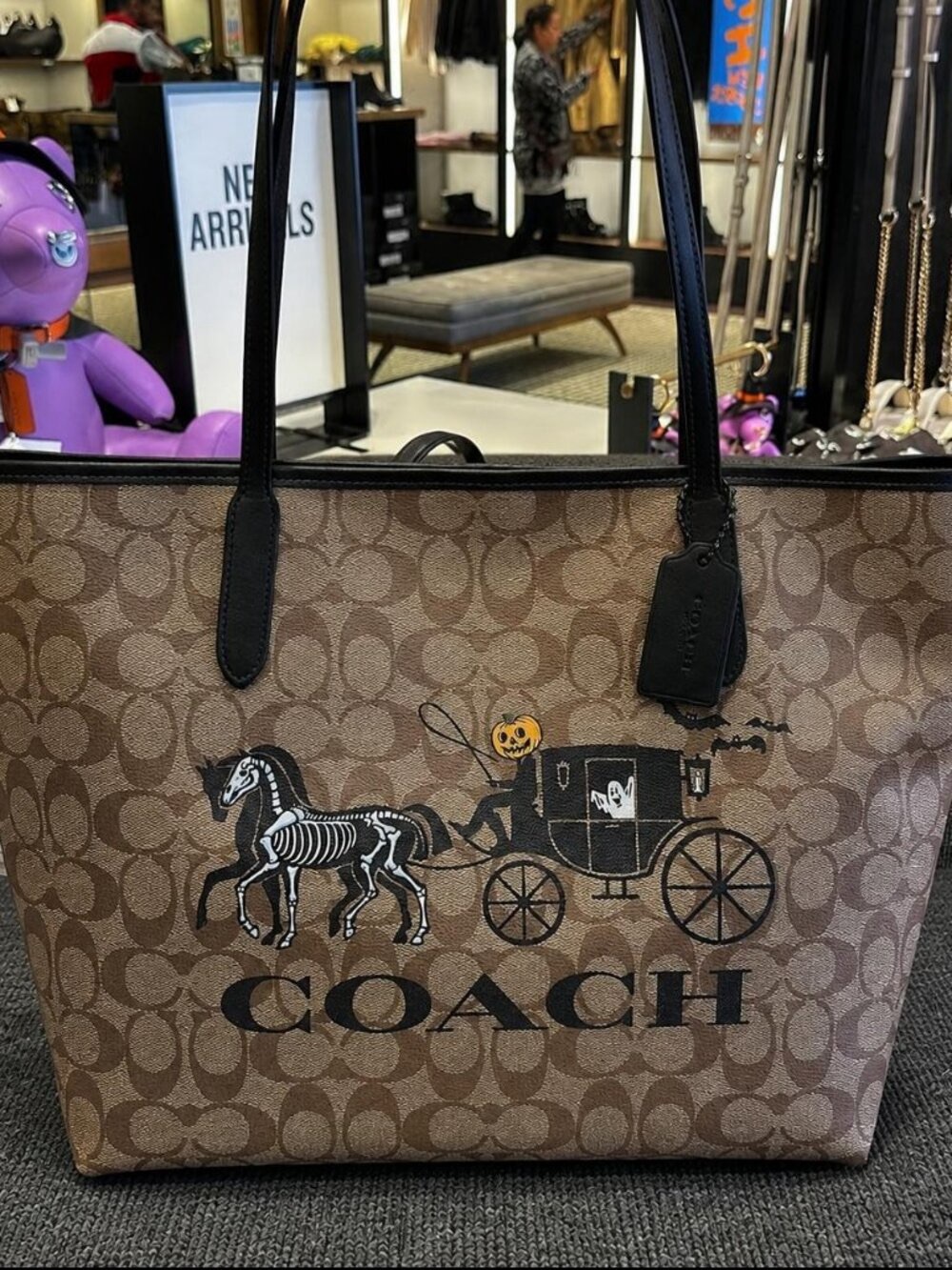 COACH Brown and Black Signature Tote with Halloween Carriage Graphic
